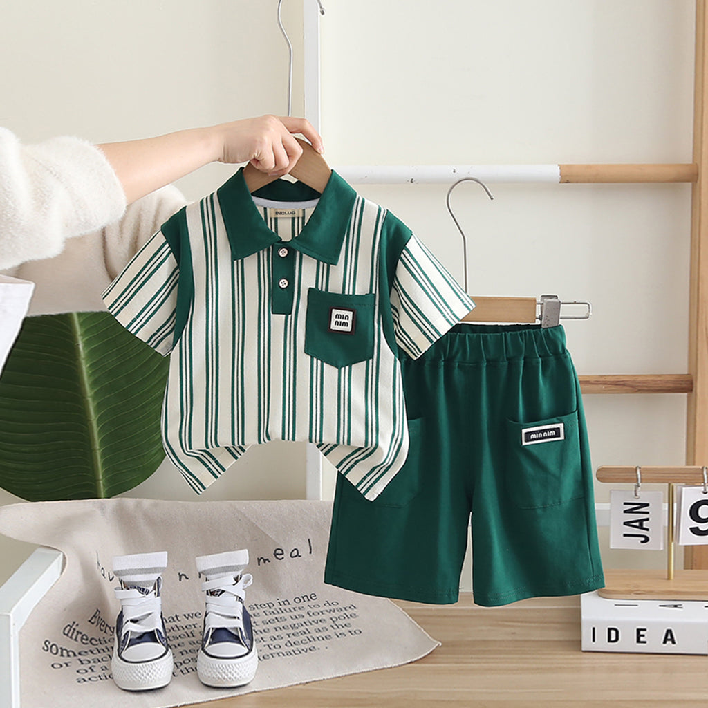 Boys Green Striped Contrast Collared Polo T-Shirt With Shorts Set 2 pc. Sets Green 1-2 Y