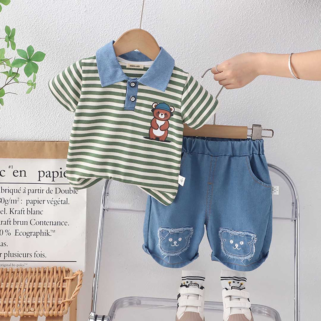 Boys Short Sleeve Striped Polo T-Shirt With Denim Pants Set 2 pc. Sets Green 1-2 Y 