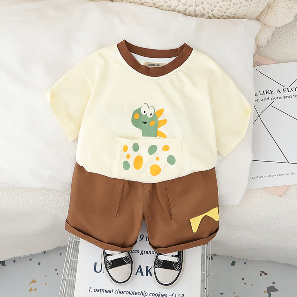 Boys Graphic Printed Pouch Pocket T-Shirt With Brown Shorts Set 2 pc. Sets Brown 1-2 Y