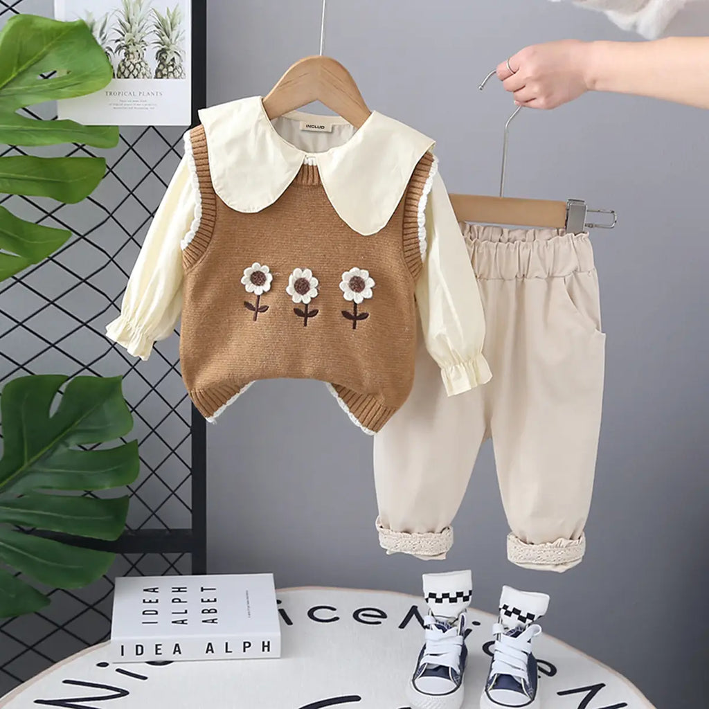 Girls Khaki Floral Embroidered Sweater Vest With Top & Pants Set Sets Khaki 1-2 Y