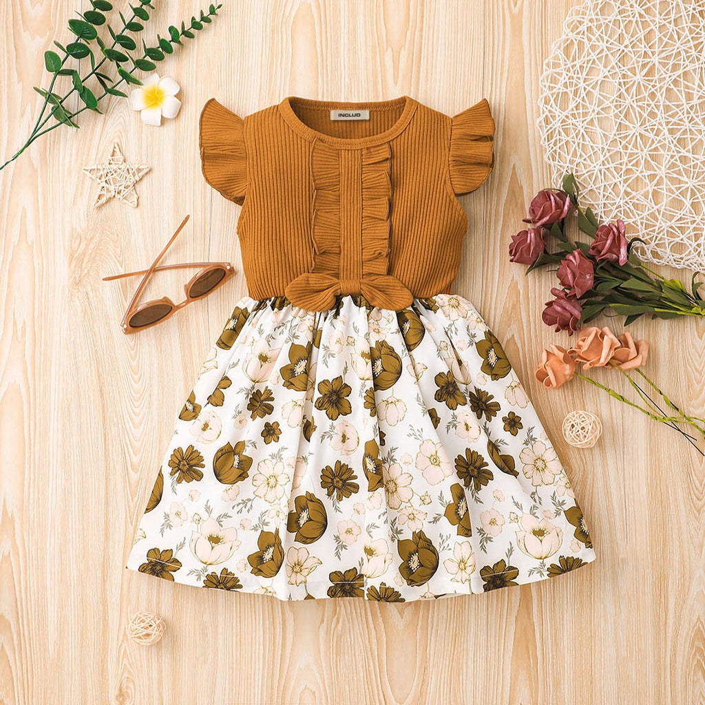 Girls Brown Flared Sleeve Floral Printed Fit & Flare Dress Casual Dresses Brown 1-2 Y