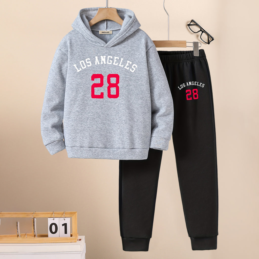 Boys Grey Melange Printed Hooded Sweatshirt with Joggers Set Sets Grey 5-6 Y