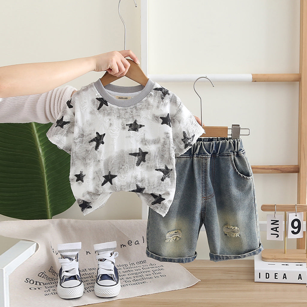 Boys Grey Star Print Shorts Sleeves T-Shirt With Denim Shorts Set 2 pc. Sets Grey 1-2 Y