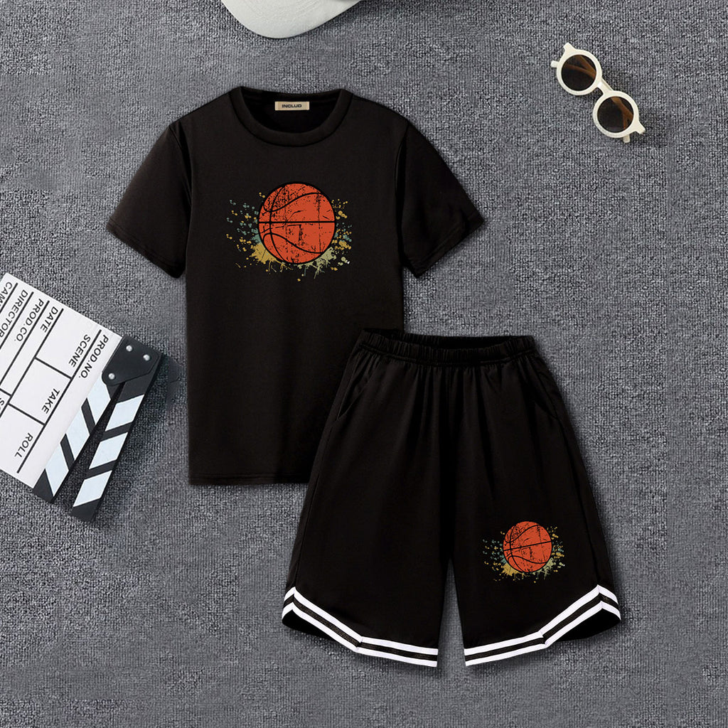 Boys Black Graphic Print T-Shirt With Shorts Set 2 pc. Sets White 7-8 Y