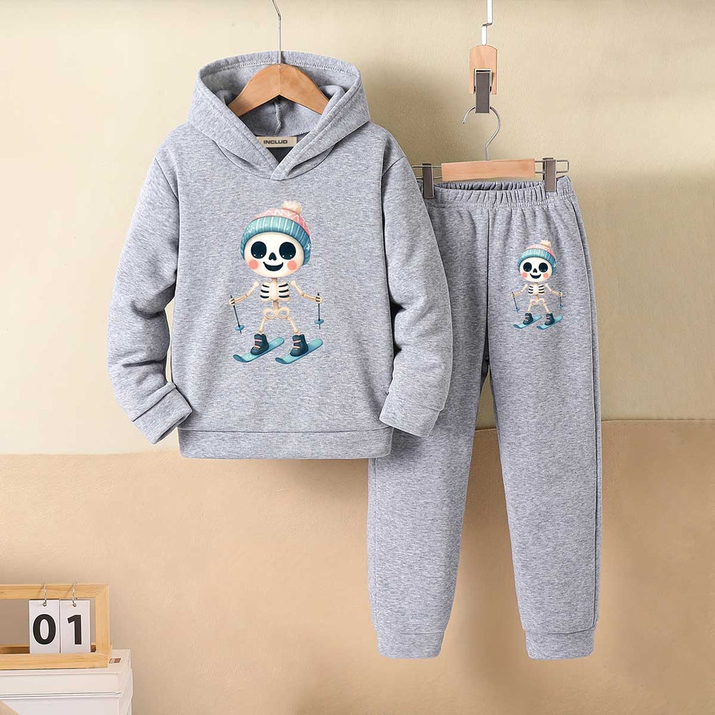 Girls Grey Skating Skeleton Printed Hooded Sweatshirt With Jogger Co-ord Sets 2 pc. Sets Grey 5-6 Y
