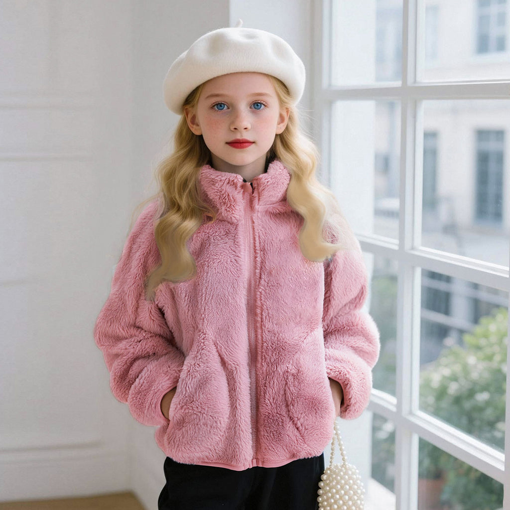Girls Pink Solid Polar Fleece Zip Up Winter Jacket Coats & Jackets Pink 2-3 Y