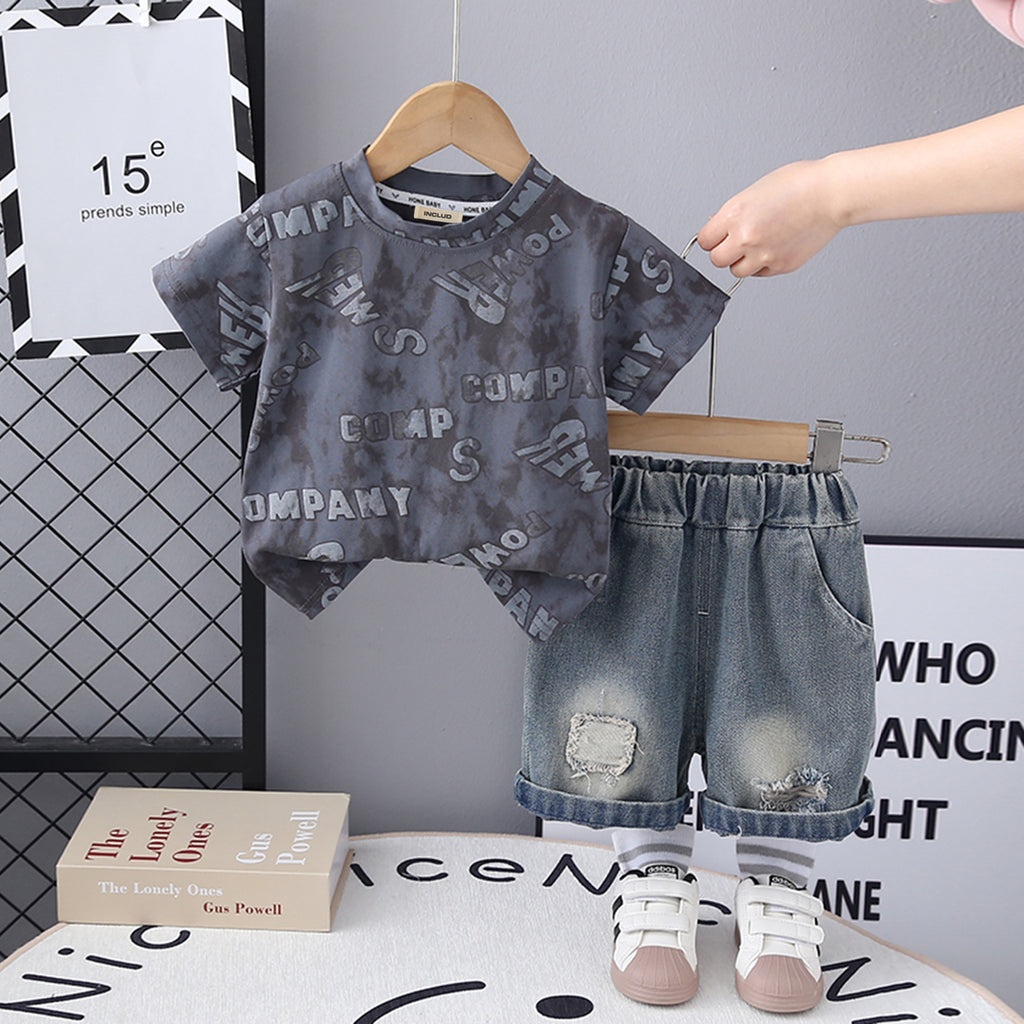 Boys Dark Grey Puff Print T-Shirt With Denim Shorts Set 2 pc. Sets Dark Grey 1-2 Y