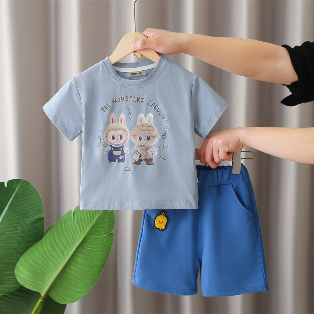 Boys Blue Printed T-shirt with Knitted Shorts Set Sets Blue 1-2 Y