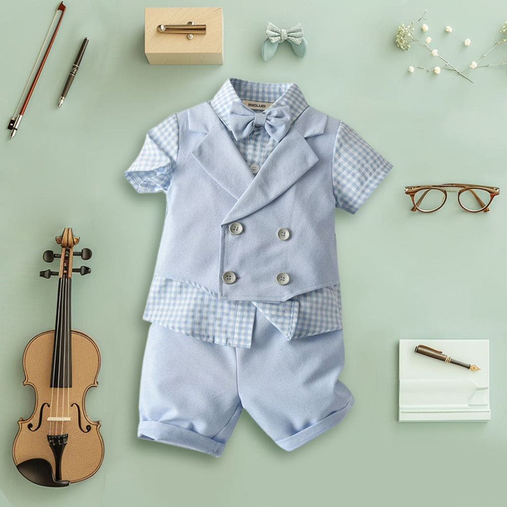 Boys Waistcoat Mock Checkered Shirt With Shorts Set Sets Light Blue 1-2 Y 
