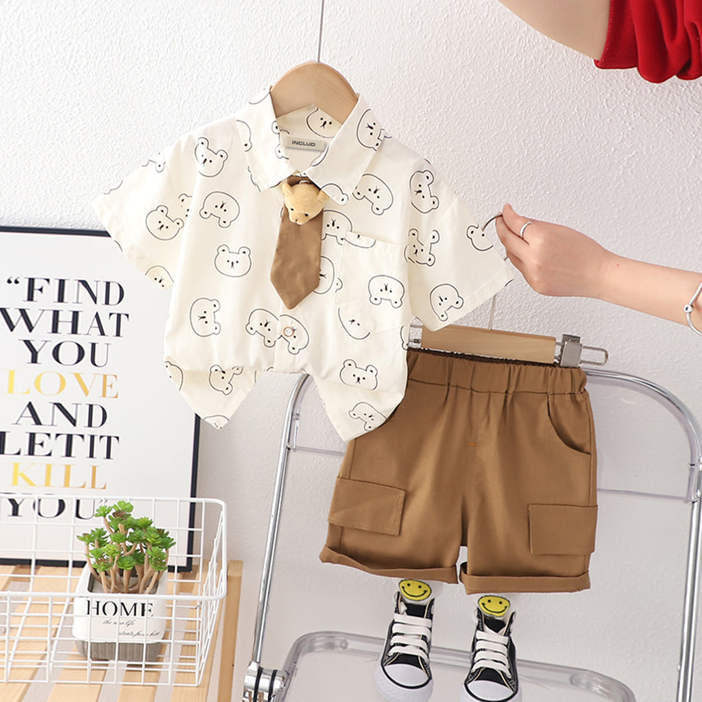 Boys Animal Printed Short Sleeves Shirt With Brown Shorts Set 2 pc. Sets Brown 1-2 Y