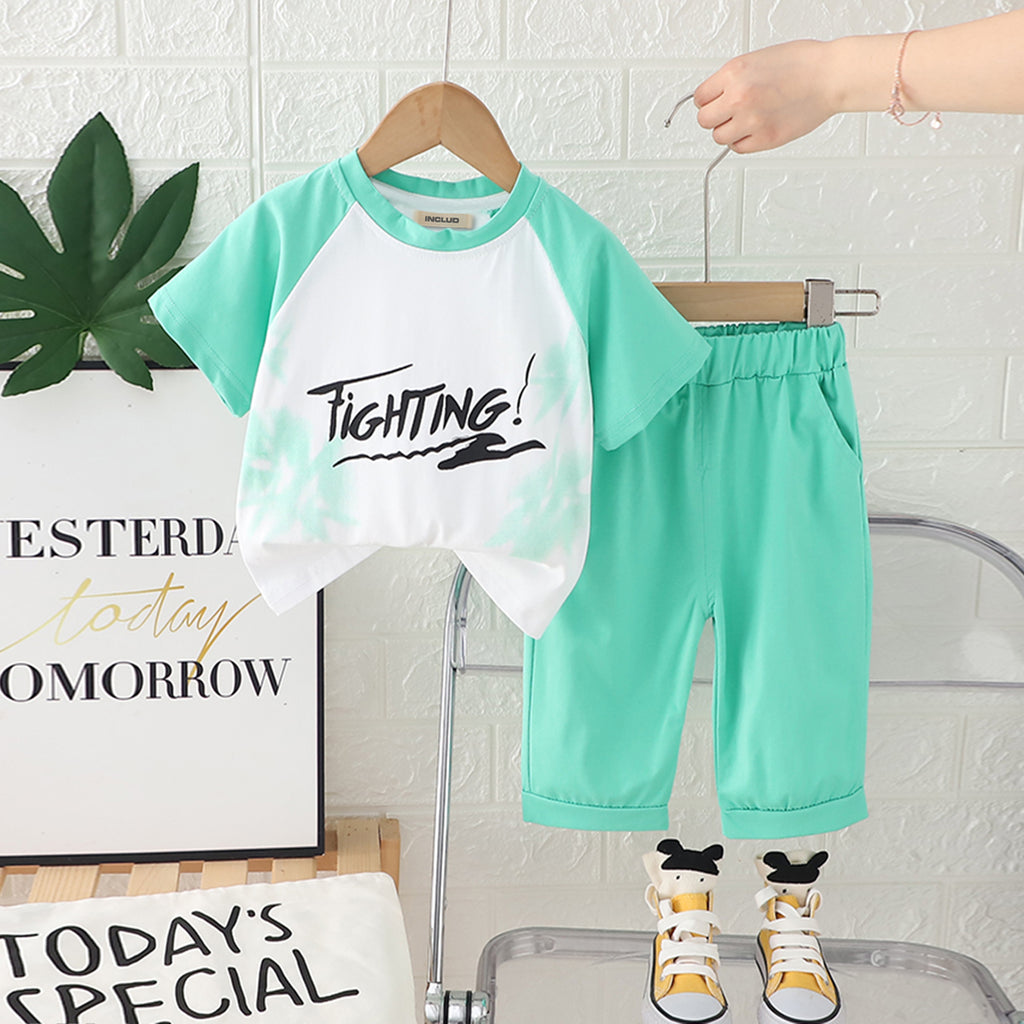 Boys Light Green Typographic Printed Raglan Sleeves T-Shirt With Pants Set 2 pc. Sets Light Green 1-2 Y