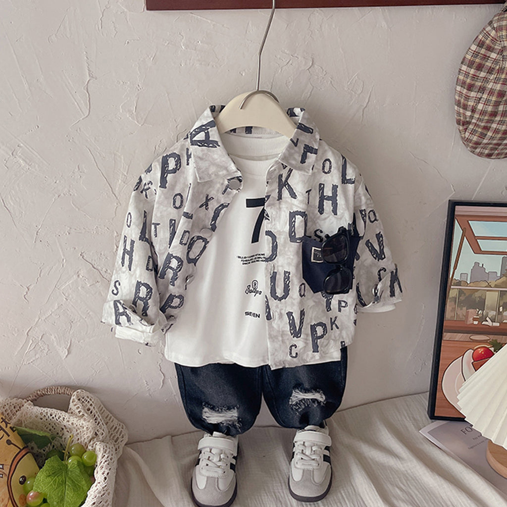 Boys Grey Alphabet Printed Shirt With T-Shirt With Denim Pants Set Sets Grey 1-2 Y