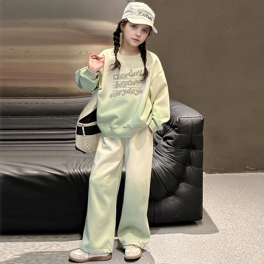 Girls Green Typographic Printed Sweatshirt With Flared Pants Winter Co-ord Set 2 pc. Sets Green 5-6 Y