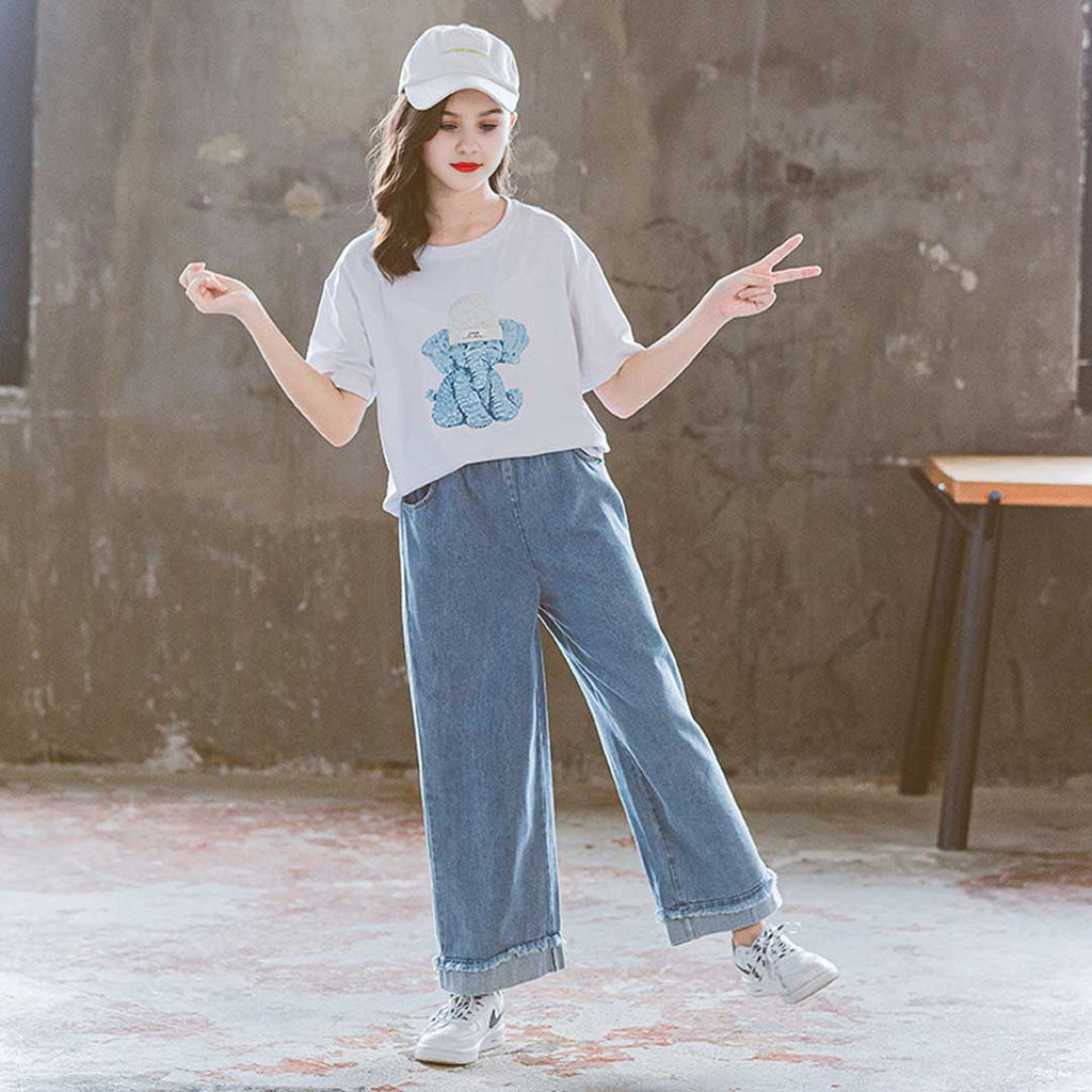 Girls Elephant Graphic T-Shirt With Denim Trouser Set 2 pc. Sets White 3-4 Y 