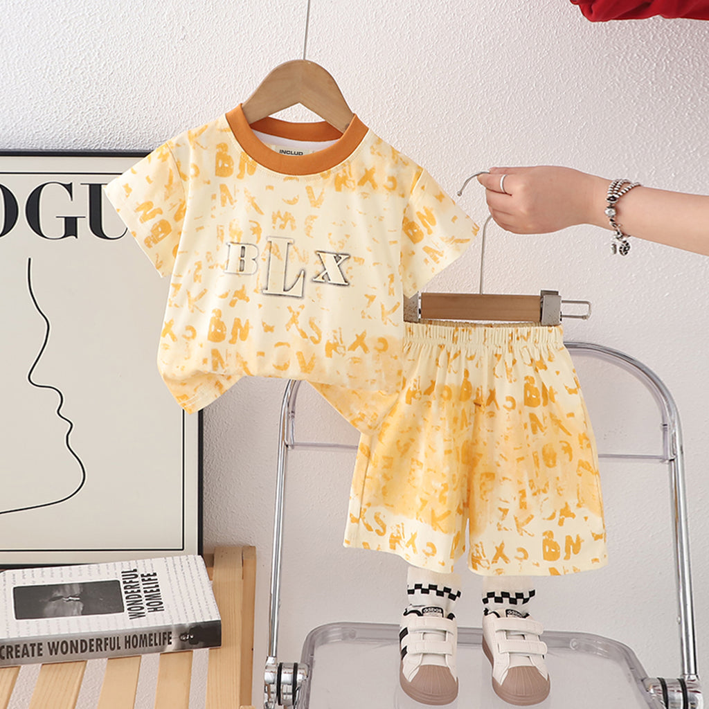 Boys Yellow Abstract Printed Short Sleeves Round Neck T-Shirt With Shorts Set 2 pc. Sets Yellow 1-2 Y