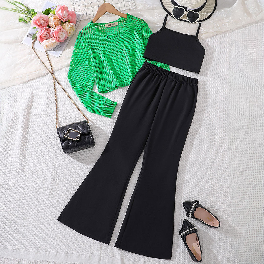 Girls Green Long Sleeve Top With Camisole Top And Wide Leg Pants Set 3 pc. Sets Green 8-9 Y