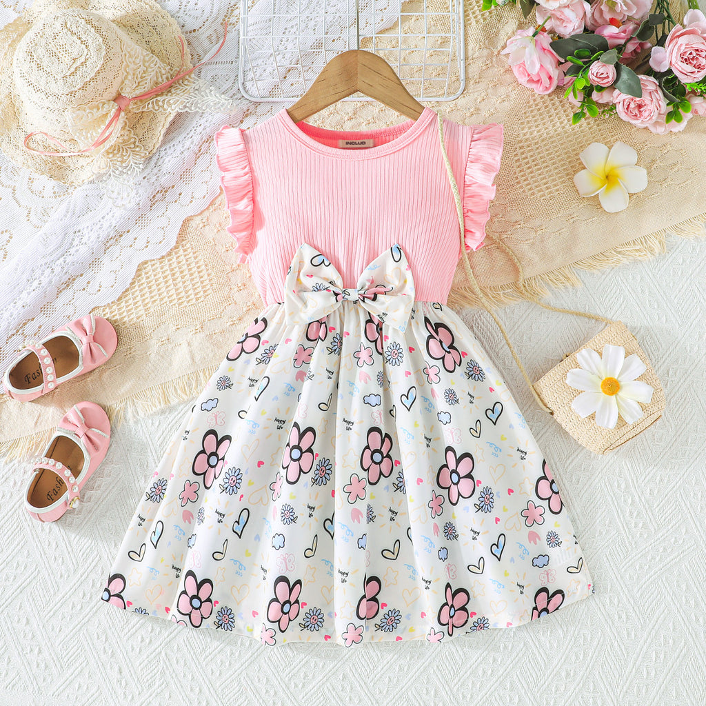Girls Light Pink Floral Printed flutter Sleeves Dress Casual Dresses Light Pink 3-4 Y