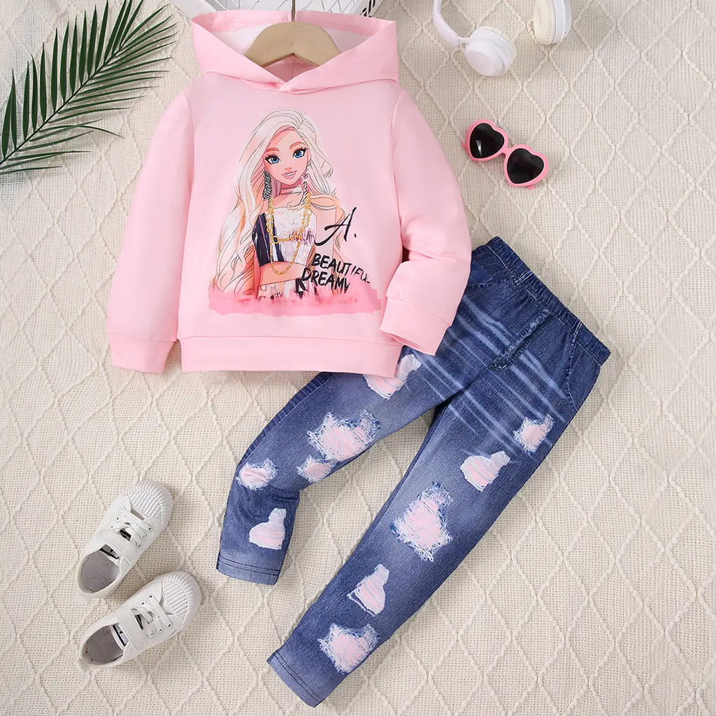 Girls Pink Graphics Printed Hooded Sweatshirt With Denim Pant sets Sets Pink 3-4 Y