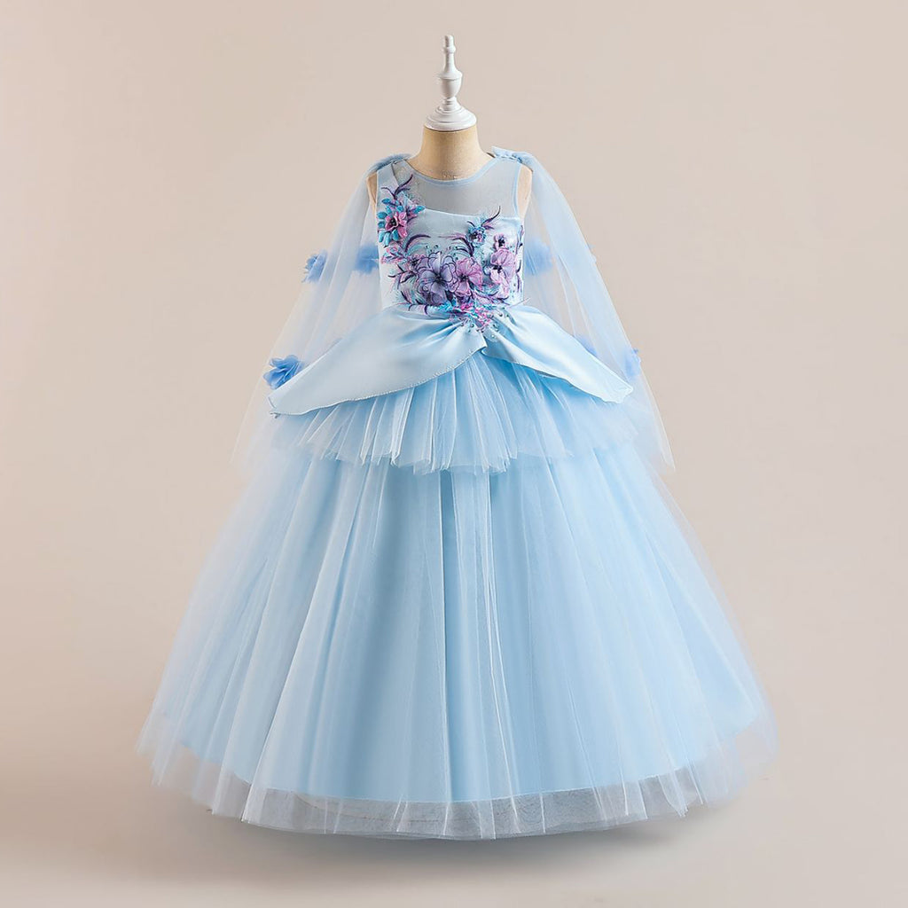 Girls Flower Applique Party Wear Gown Party Dresses Light Blue 6-7 Y 