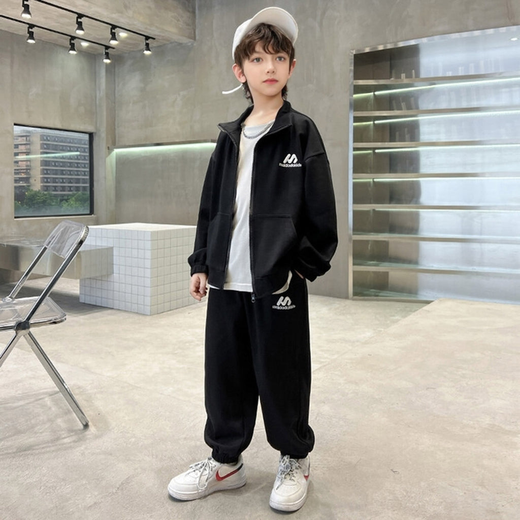 Boys Black Printed Front Open Sweatshirt With Pants Sets 2 pc. Sets Black 5-6 Y