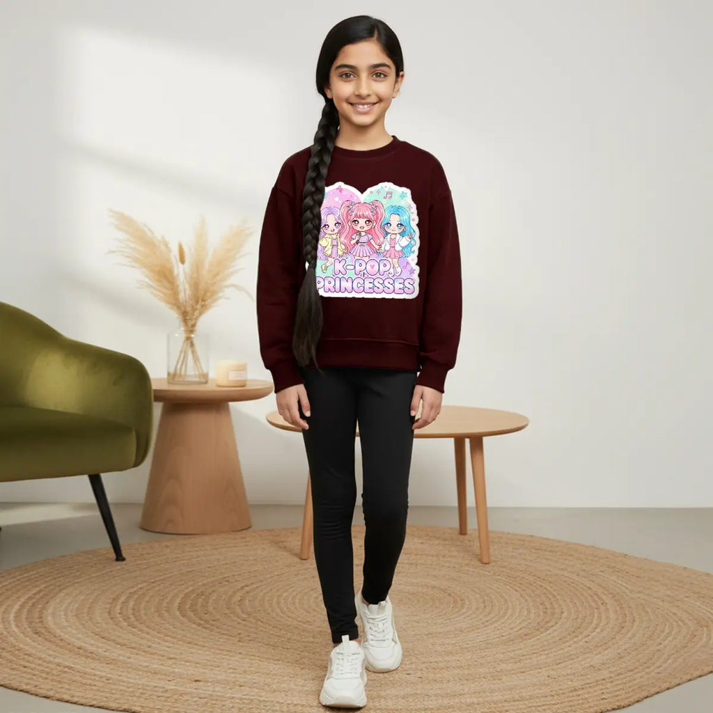 Girls Maroon K-Pop Princesses Graphics Sweatshirt Sweatshirts & Hoodies Maroon 1-2 Y