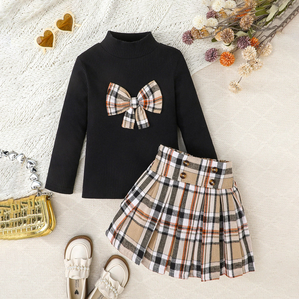 Girls Black Bow Long Sleeves Top With Checked Skirt Sets Sets Black 2-3 Y