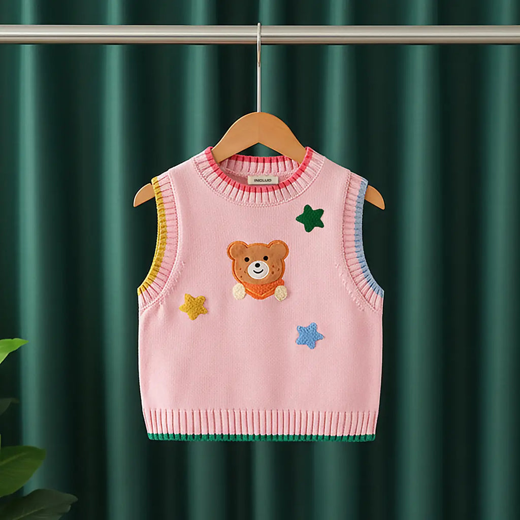 Girls Pink Bear Face Applique Sweater Vest Sweaters & Cardigans Pink 1-2 Y