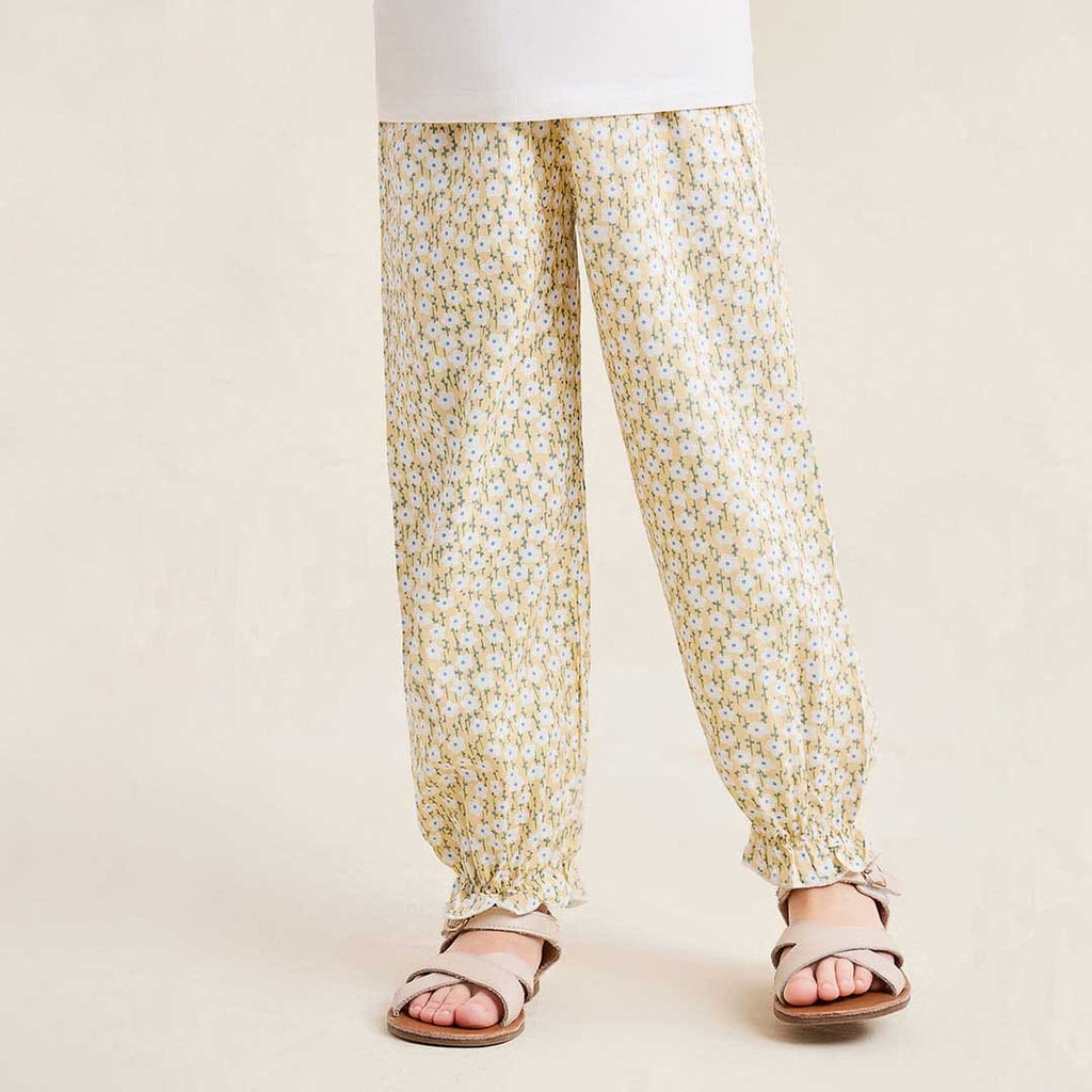 Girls Flower Printed Elasticated Pants Pants Yellow 1-2 Y 