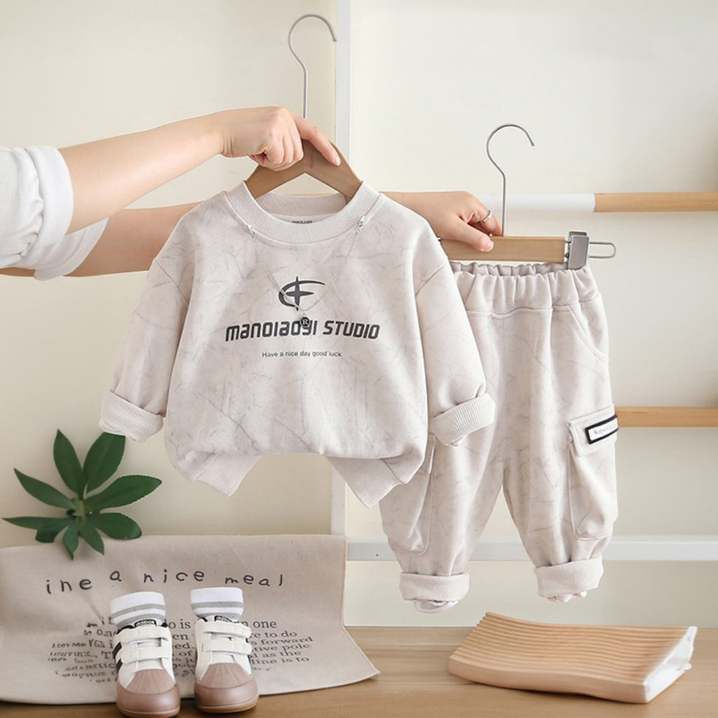 Boys Beige Abstract Print Sweatshirt With Pants & Neck Chain Sets 2 pc. Sets Beige 1-2 Y