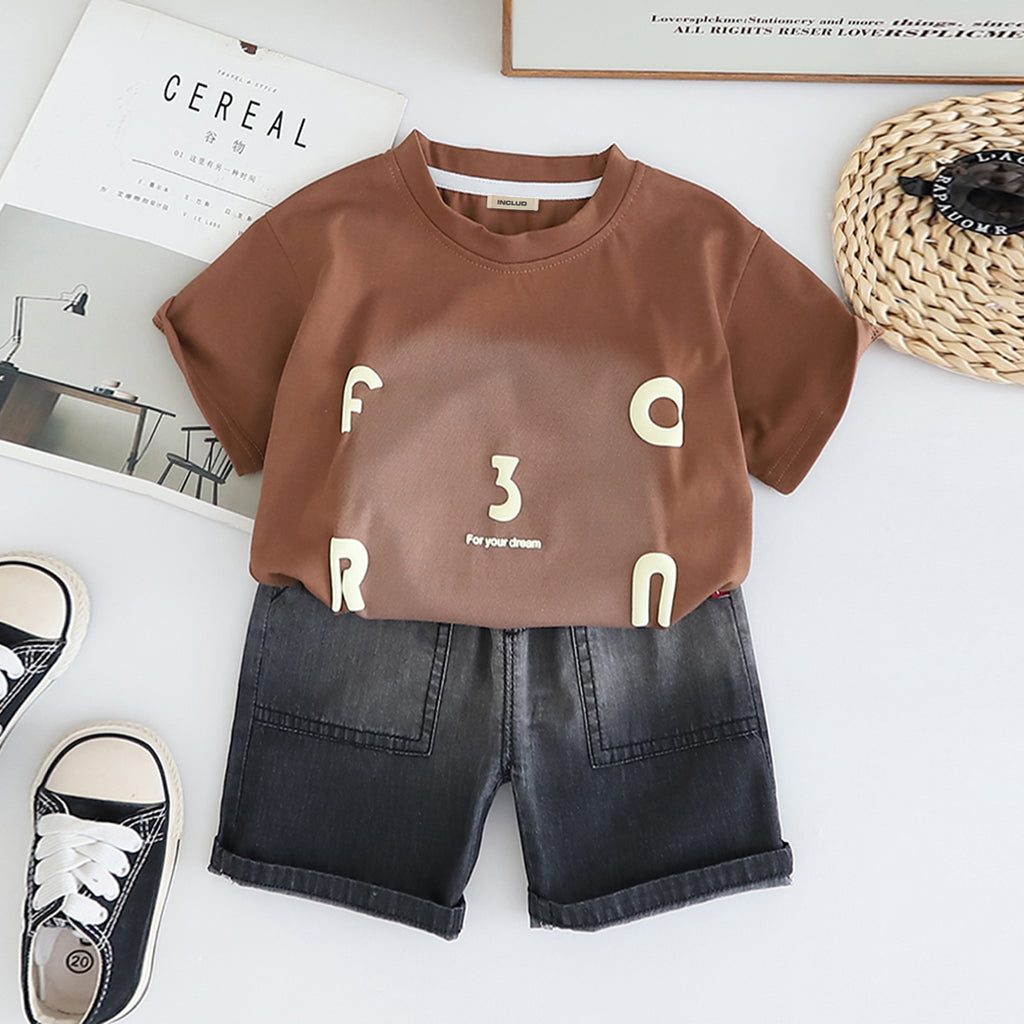 Boys Brown Printed Short Sleeves T-Shirt With Denim Shorts Set 2 pc. Sets Brown 1-2 Y