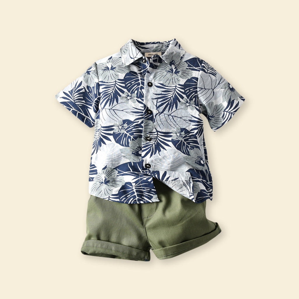Boys Tropical Print Shirt With Shorts Set Sets Blue 1-2 Y 