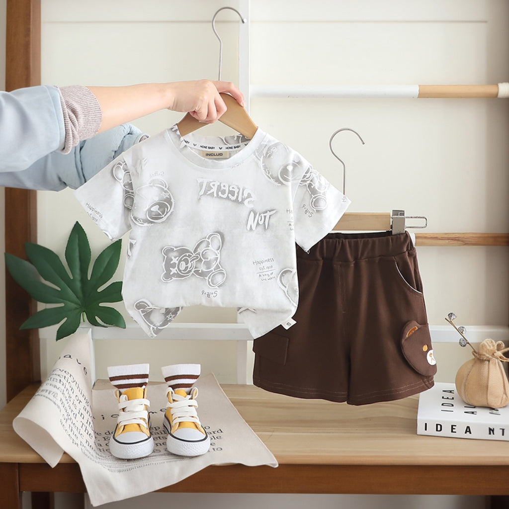 Boys Grey Bear Print Short Sleeve T-Shirt With Elasticated Shorts Set 2 pc. Sets Grey 1-2 Y