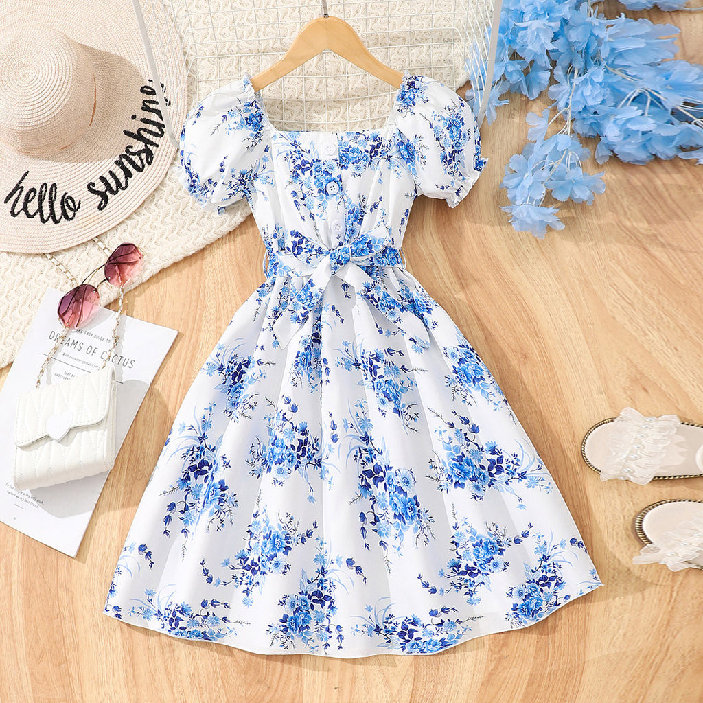 Girls Blue Floral Print Off-Shoulder Dress Casual Dresses Blue 7-8 Y