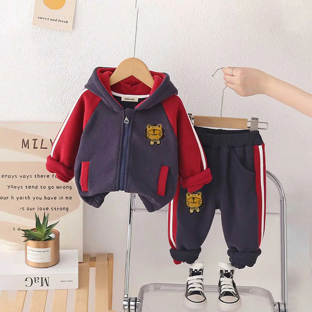 Boys Navy Blue Color-Blocked Fleece Hooded Zipper Jacket With Jogger Co-ord Sets Sets Navy Blue 1-2 Y