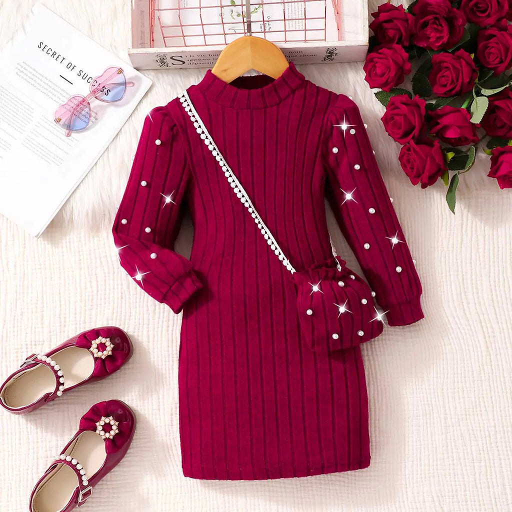 Girls Maroon Self-Design Stripe Beaded Bodycon Dress Casual Dresses Maroon 3-4 Y