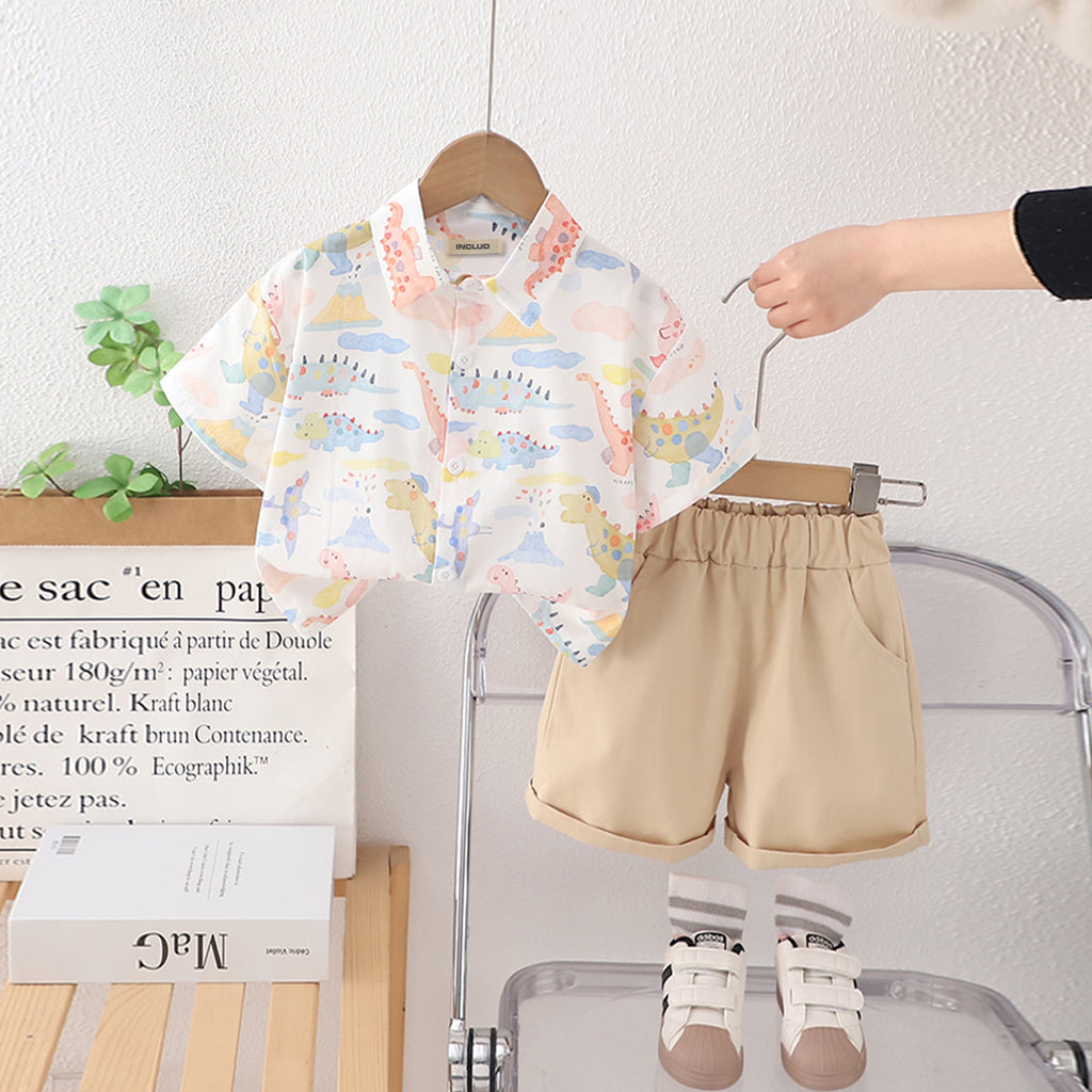 Boys White Dinosaur Printed Short Sleeves Shirt With Shorts Set 2 pc. Sets