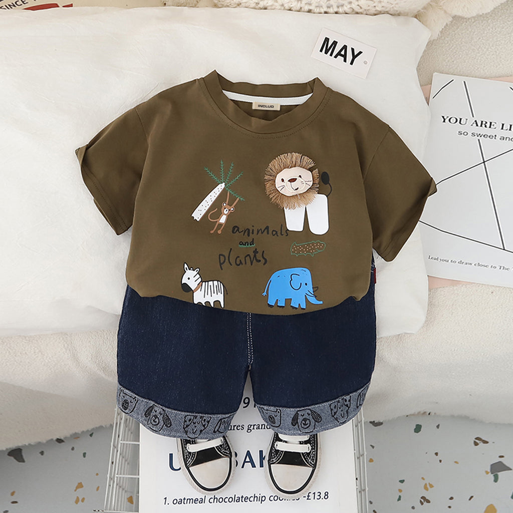 Boys Brown Animals Printed T-Shirt With Denim Shorts Set 2 pc. Sets Brown 1-2 Y