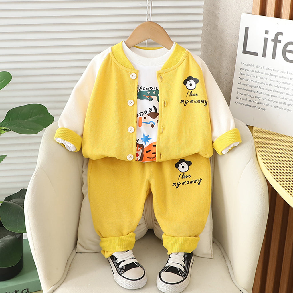 Boys Yellow Graphics Printed Winter Sweatshirt With T-Shirt and Pant Set 3 pc. Sets Yellow 1-2 Y