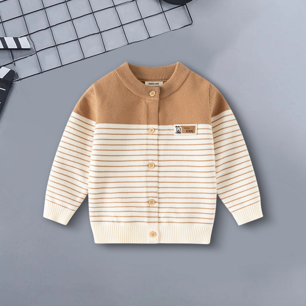 Boys Brown Cardigan With Self Design Stripe Patterns Sweaters & Cardigans Brown 2-3 Y
