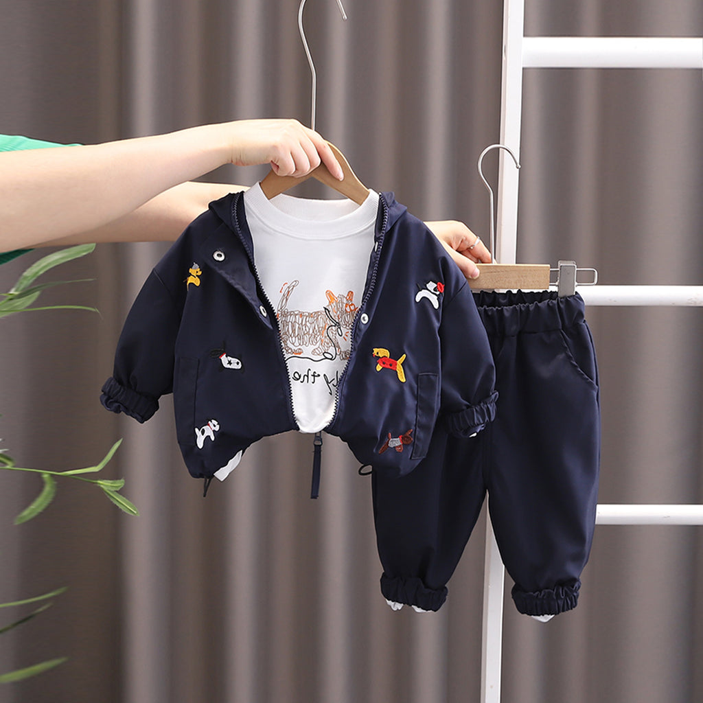 Boys Navy Blue Embroidered Windcheater with Joggers & T-shirt Set Sets Navy Blue 1-2 Y