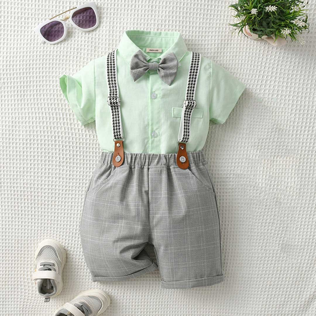 Boys Short Sleeve Shirt With Suspender Checked Shorts Set 2 pc. Sets Green 2-3 Y 