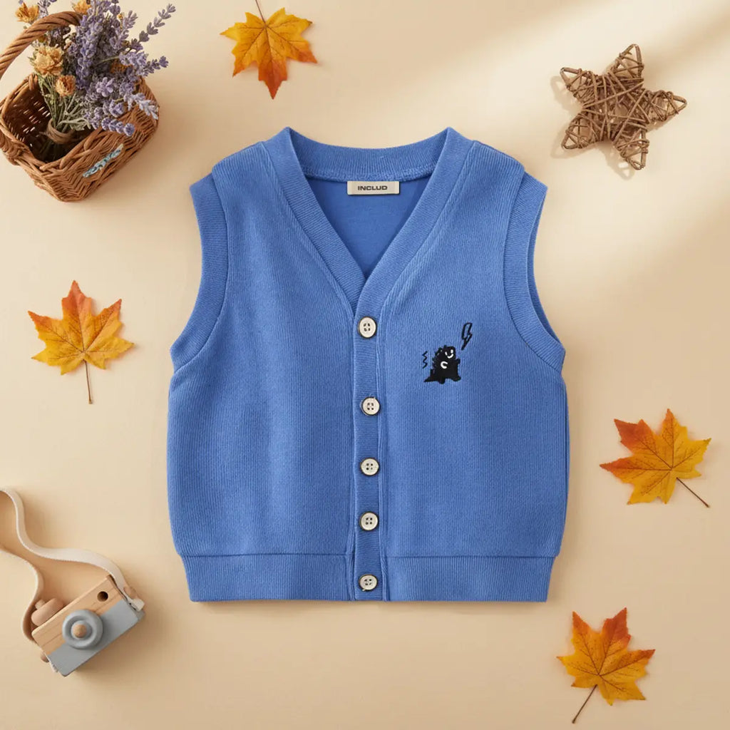 Boys Light Blue Self-Design Sleeveless Knitted Cardigan Sweaters & Cardigans Light Blue 2-3 Y