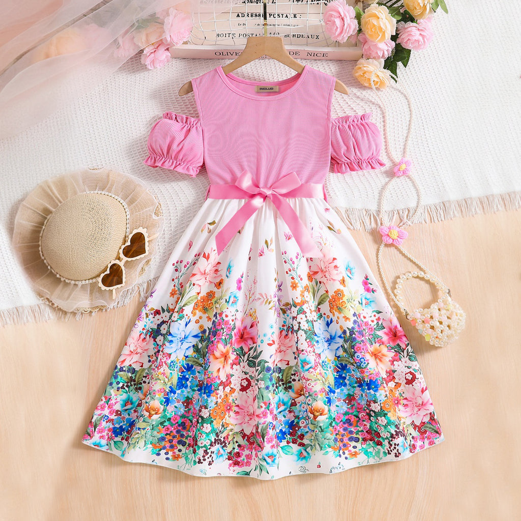 Girls Pink Floral Printed Cold Shoulder Fit And Flared Dress Casual Dresses Pink 3-4 Y