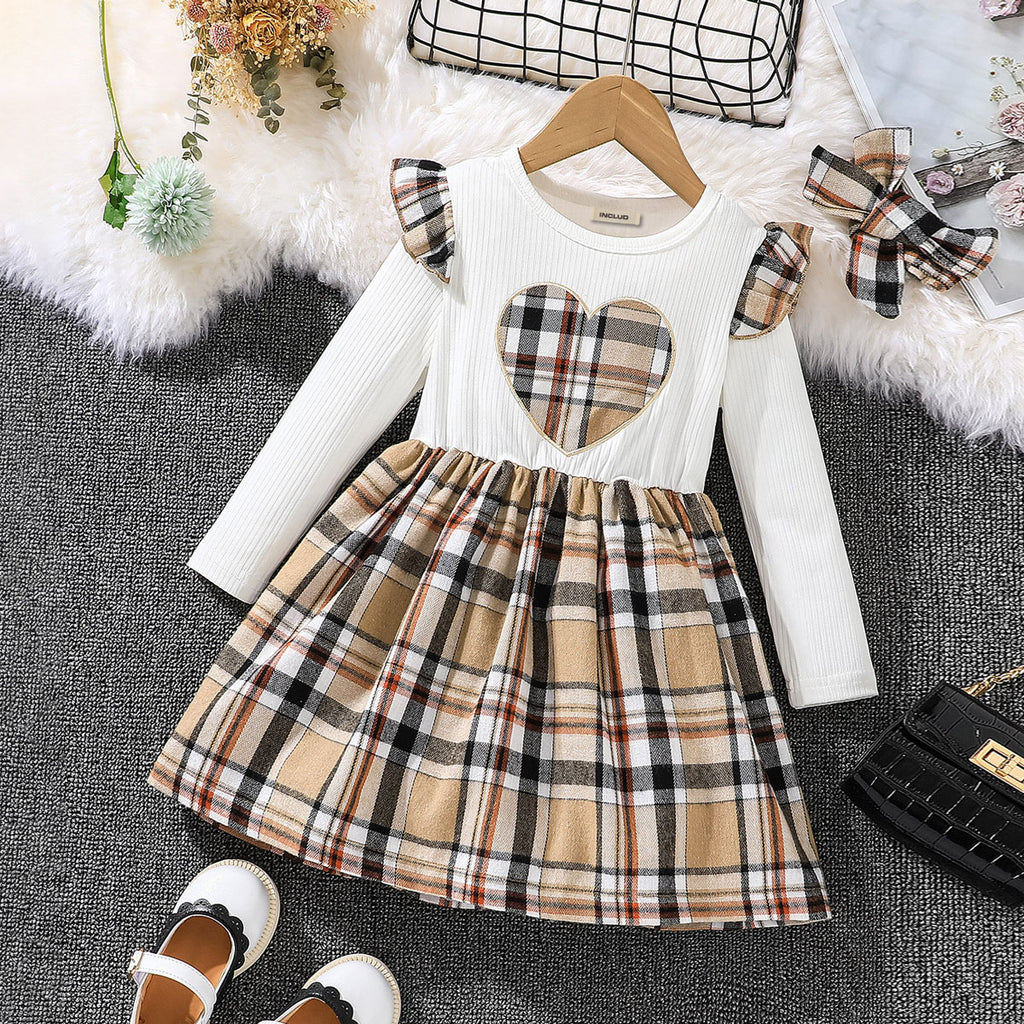 Girls Beige Checkered Full Sleeves Casual Dress Casual Dresses Beige 3-4 Y