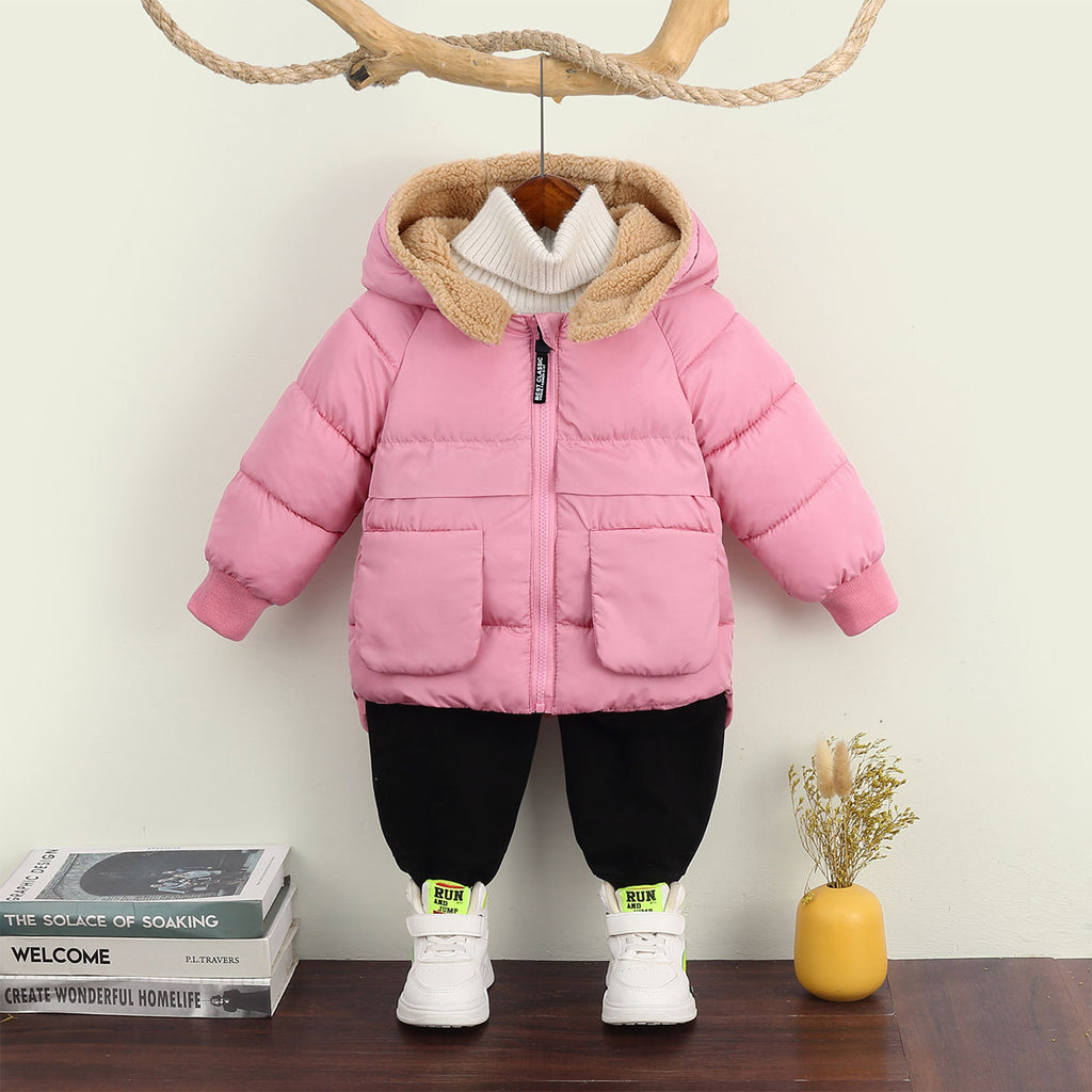 Girls Pink Solid Hooded Quilted Down Jacket Coats & Jackets Pink 1-2 Y