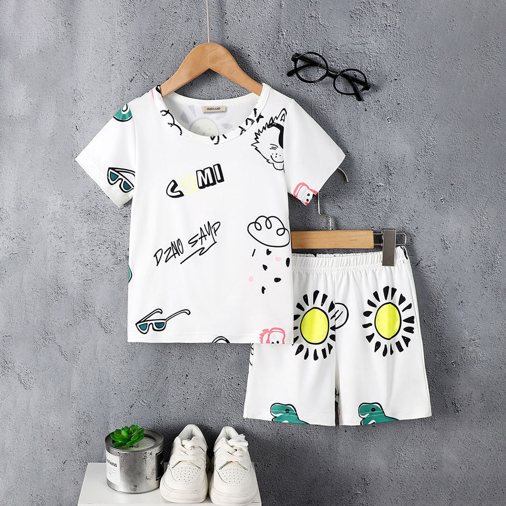 Boys White Cartoon Graphic T-Shirt With Shorts Set 2 pc. Sets White 3-4 Y