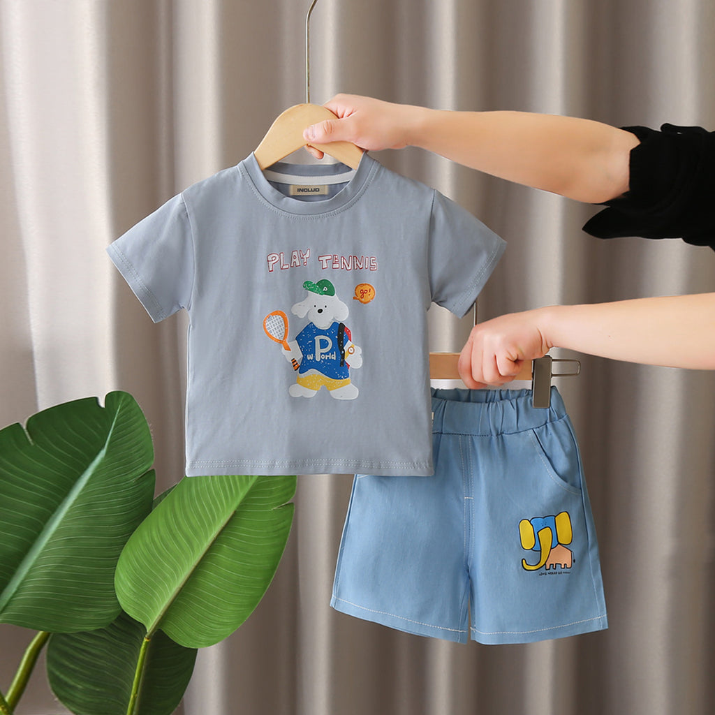 Boys Grey Printed T-shirt with Printed Denim Shorts Set Sets Grey 1-2 Y