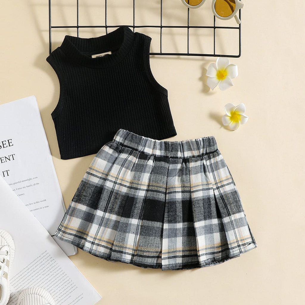Girls Sleeveless Crop Top With Plaid Pleated Skirt Set 2 pc. Sets Black 7-8 Y 