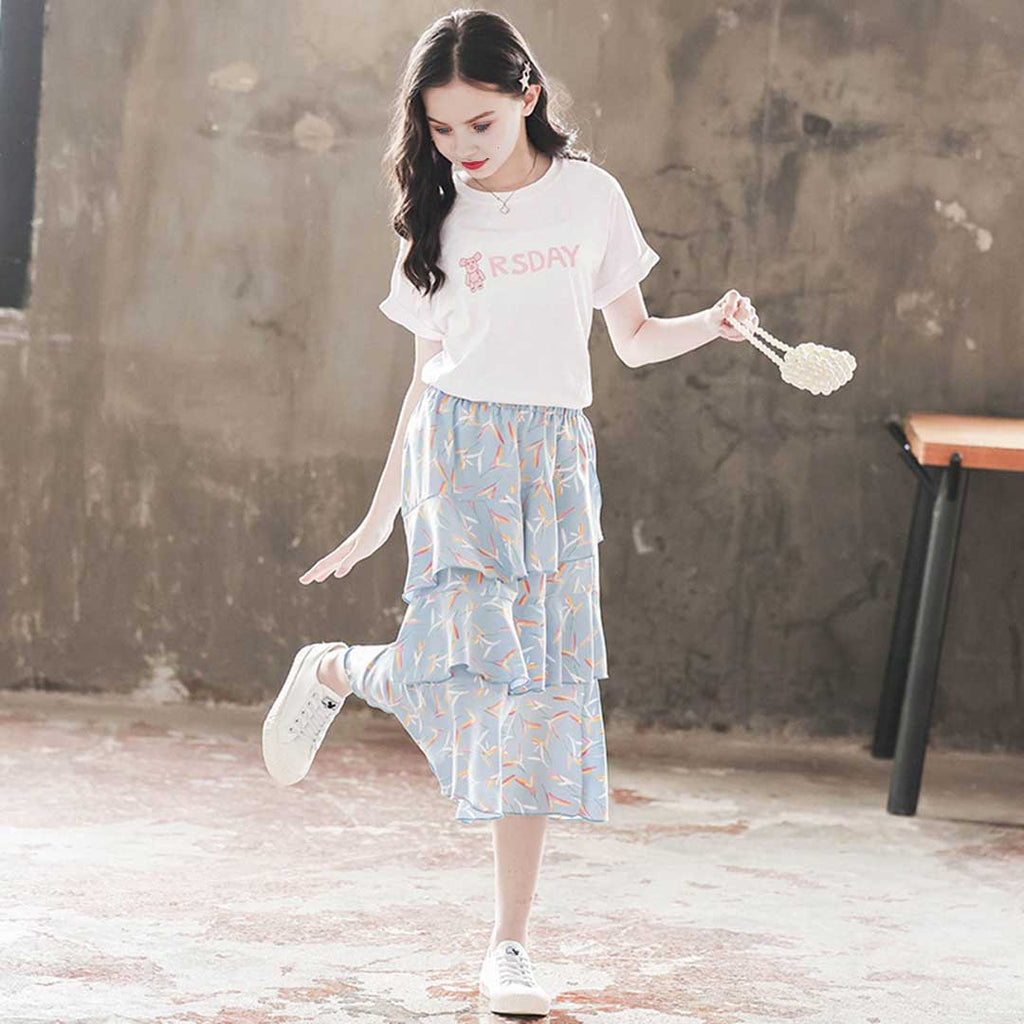 Girls Short Sleeve Printed T-Shirt With Long Skirt Set 2 pc. Sets White 5-6 Y 