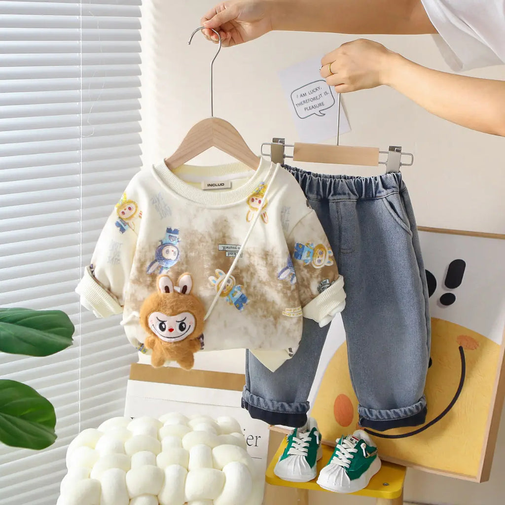 Boys Khaki Graphics Regular Sweatshirt With Denim Trouser Sets 3 pc. Sets Khaki 1-2 Y